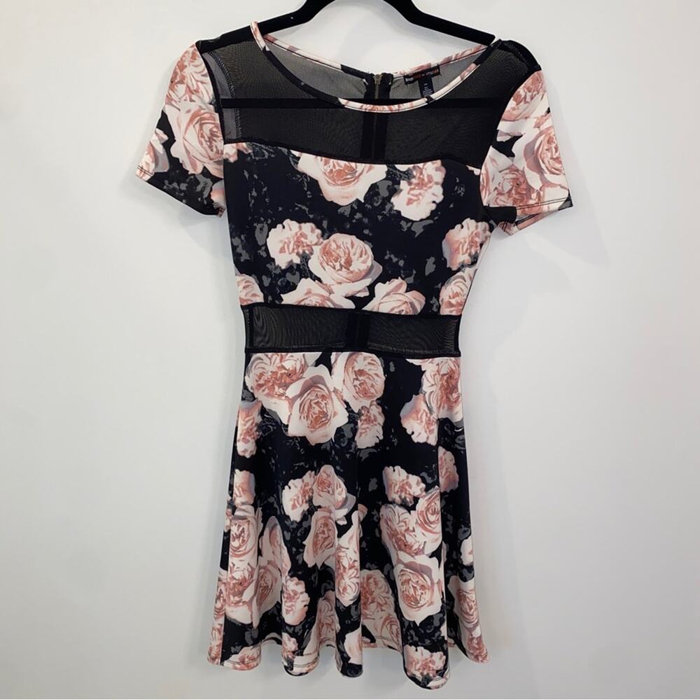 Black Sheer Mesh Cut-out Pink Floral Whimsigoth Romantic Goth Mini Dress XS